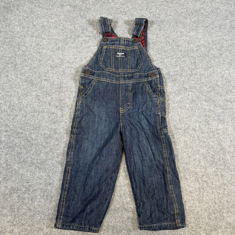 OshKosh B'gosh Overalls Kids 2T Blue Denim Lined Bib Jeans Plaid Flannel